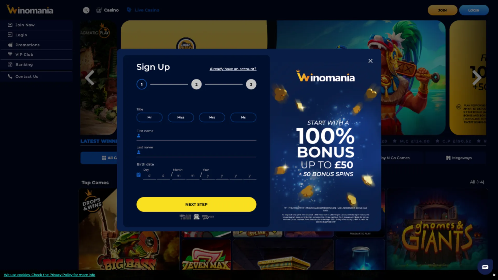 Winomania Casino Sign Up Background Image