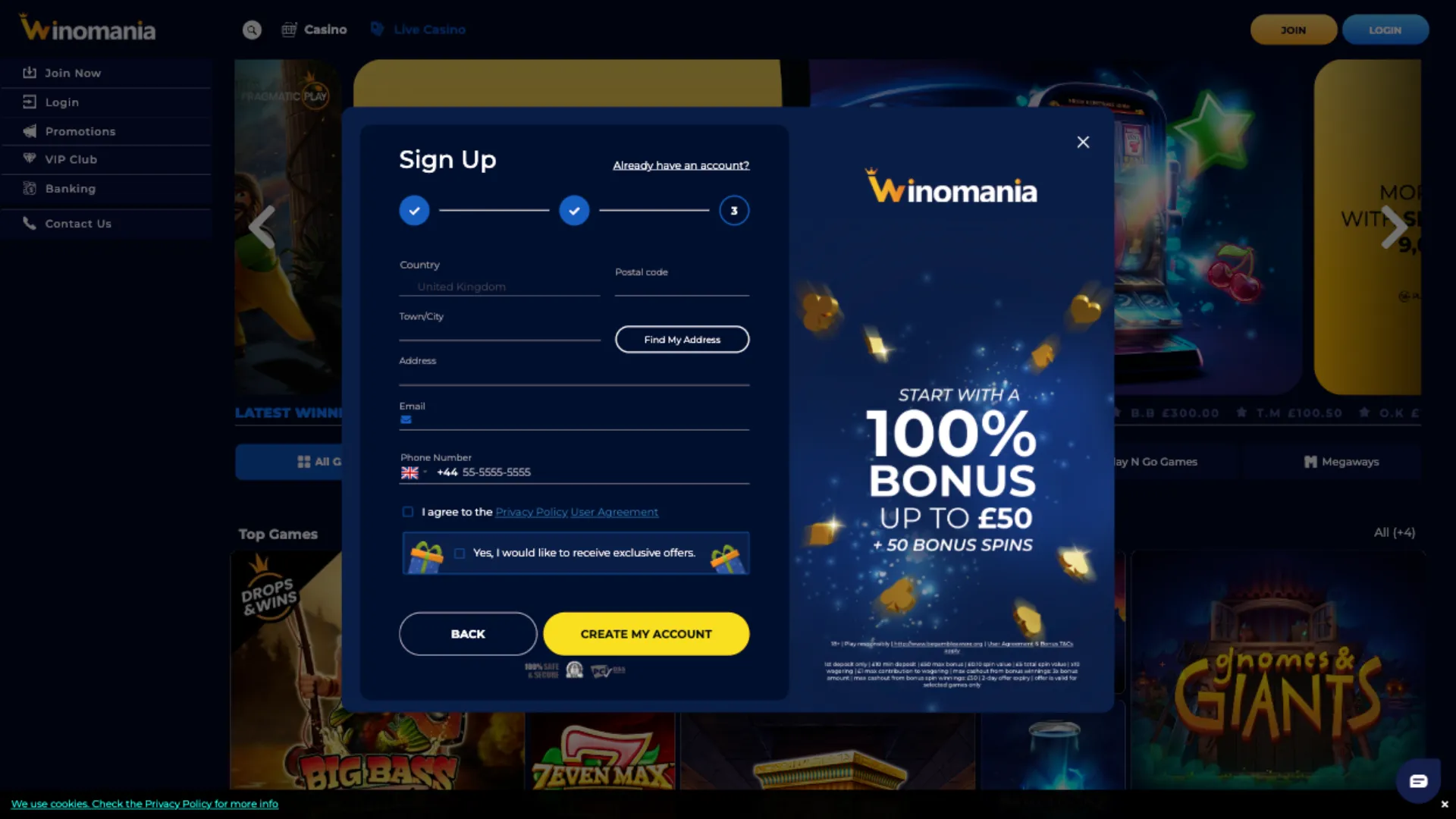 Claim Bonus At Winomania Casino Background Image