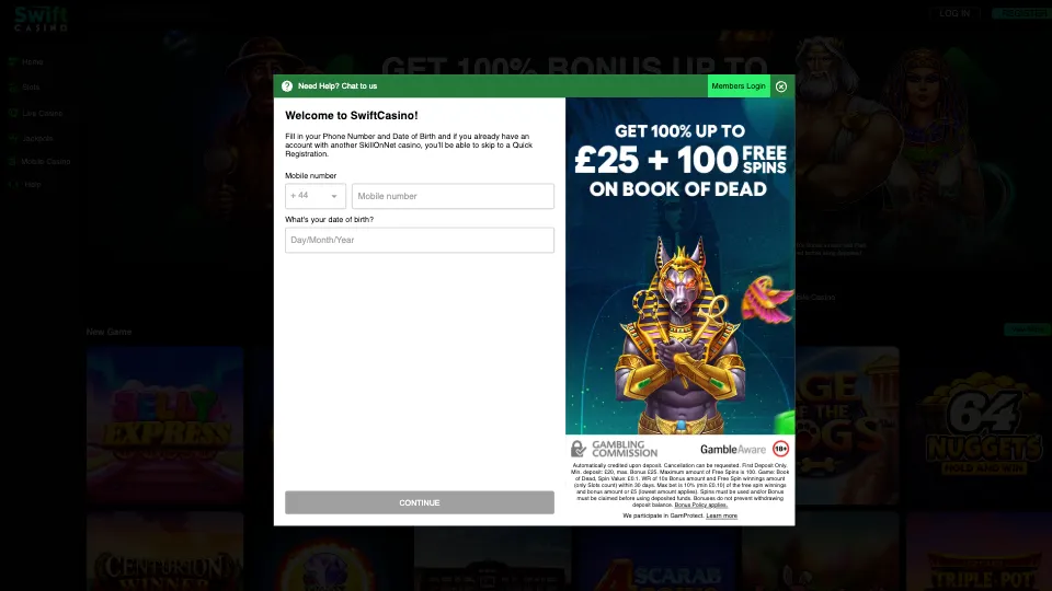 Swift Casino How To Sign Up Step 1 Background Image