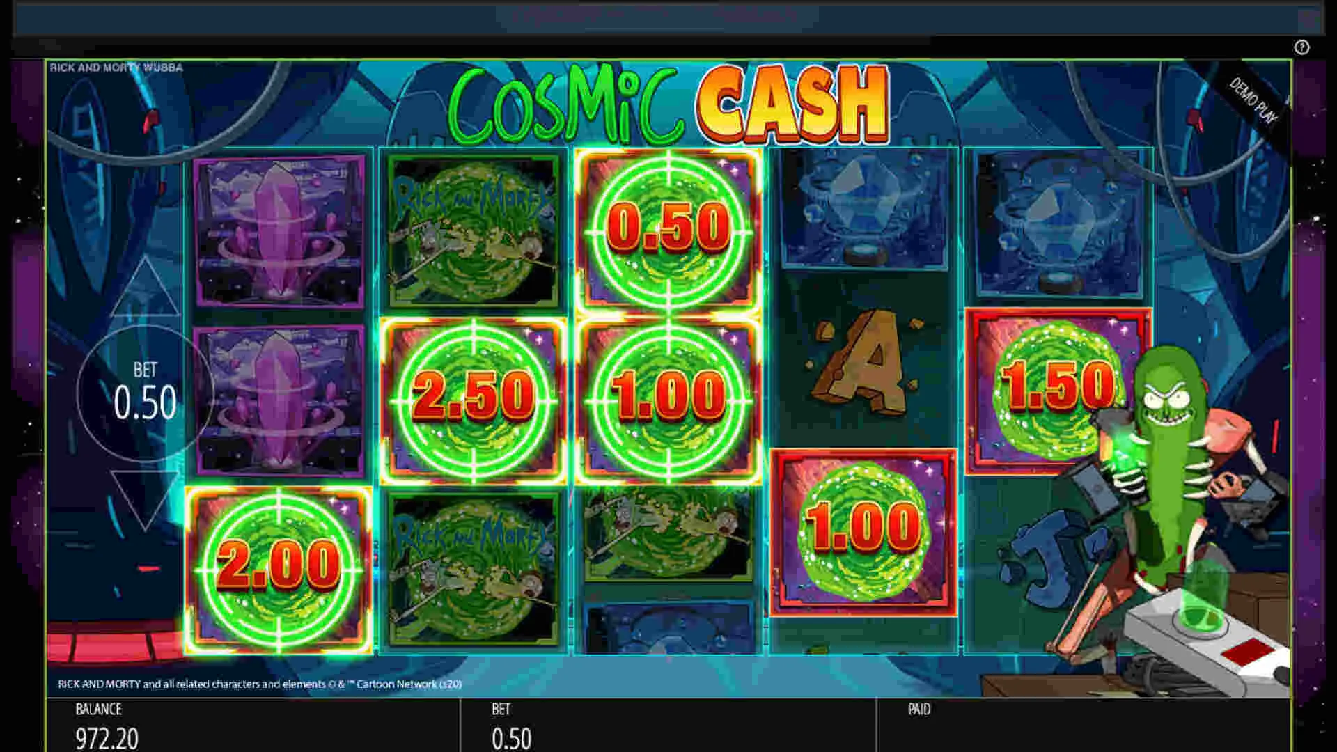 Pickle Rick Power Spin Cosmic Cash Background Image