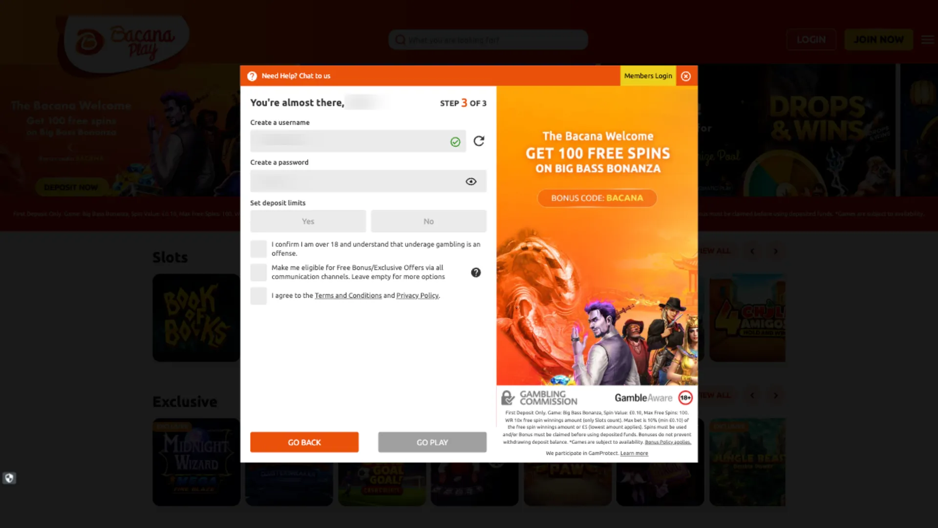 BacanaPlay Casino How To Sign Up Step 6 Background Image