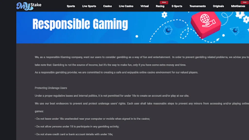 MyStake Casino lists the various tools it offers to help players stay in control of their gaming on its responsible gaming page
