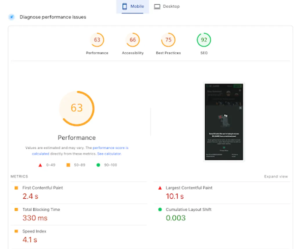 User experience and site performance at BC.Game