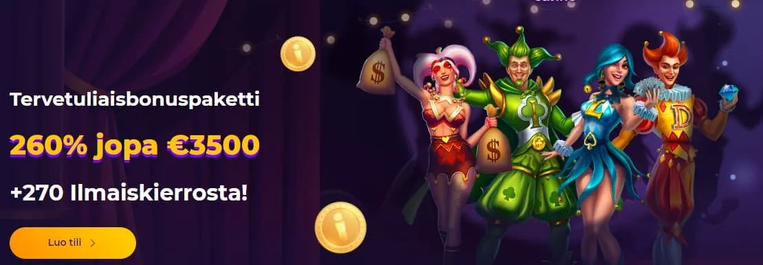 iWild Casino kuva tummalla taustalla jossa neljä piirrettyä jokeri-hahmoa ja tarjous tervetulopaketista