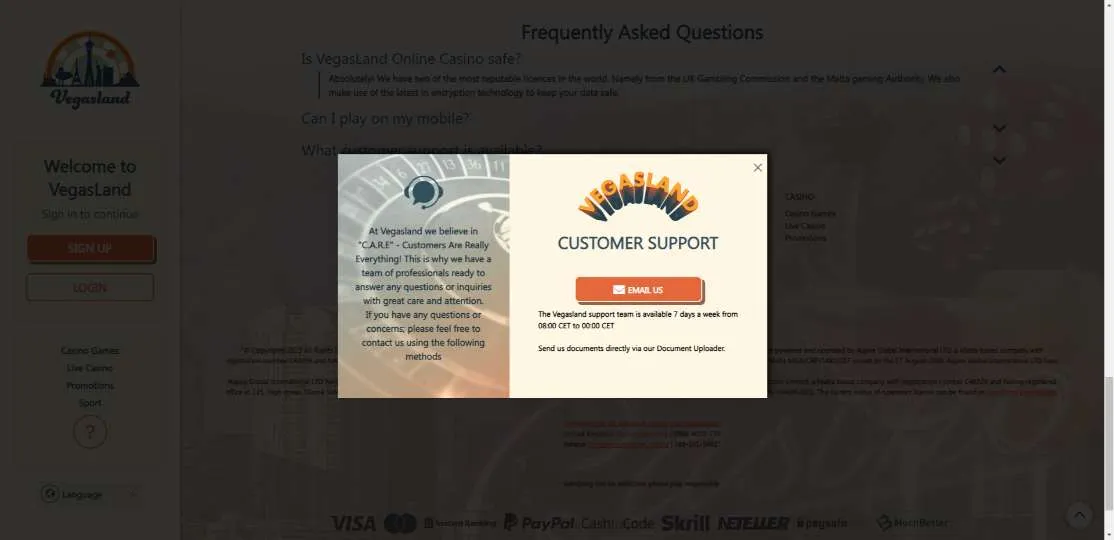 VegasLand customer support