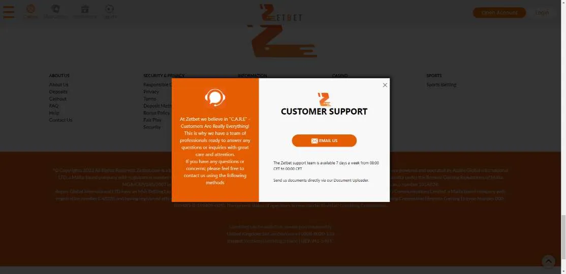 ZetBet Casino customer support