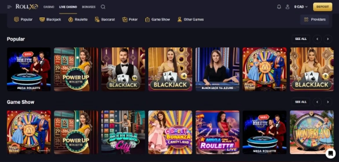 Live casino games available at RollXO Casino