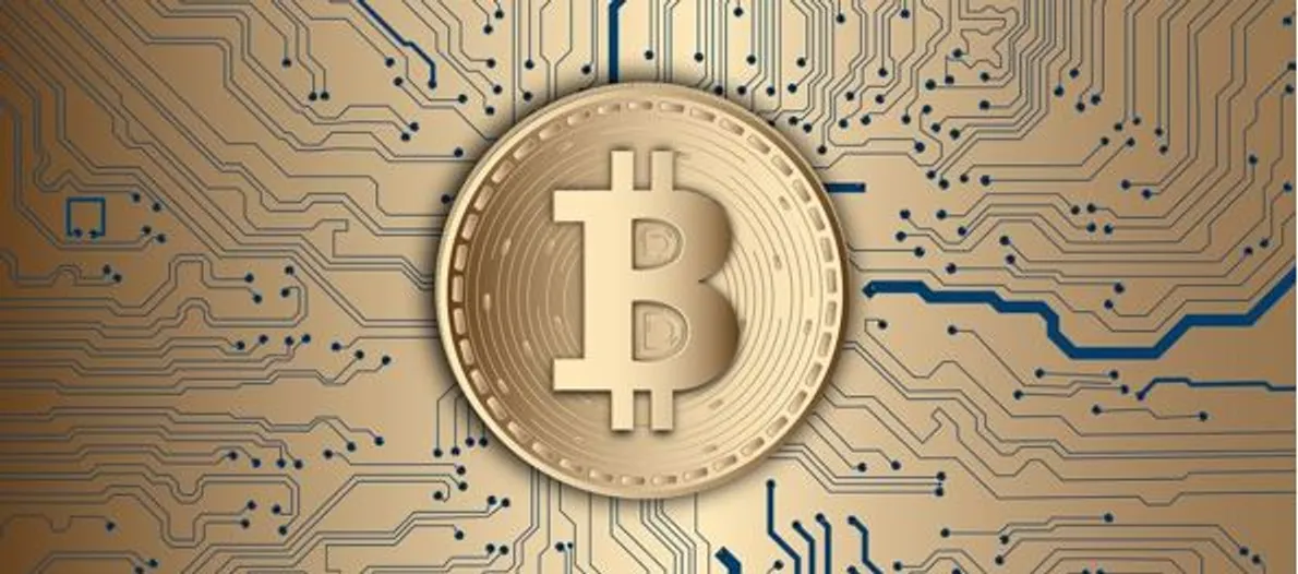 bitcoin kultaisella taustalla jossa erilaisia viivoja