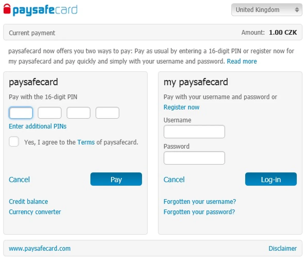 Paysafe Card Current Payment