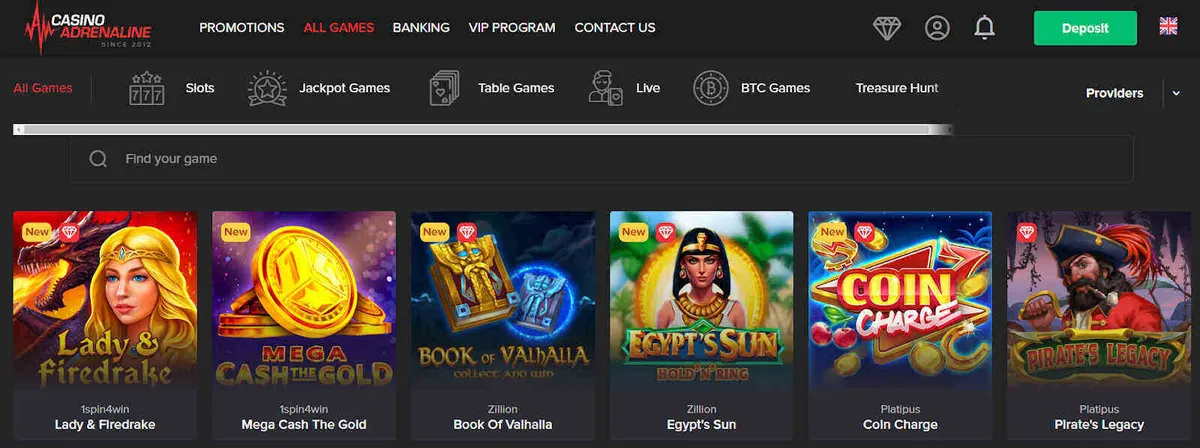 Casino games section in Casino Adrenaline