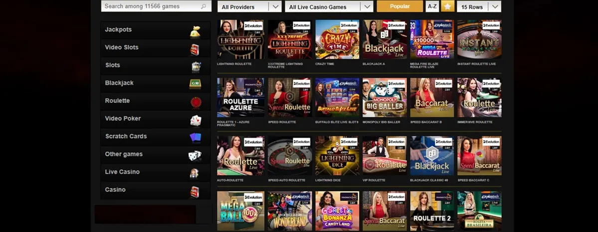 Catálogo de casino en vivo en VideoSlots