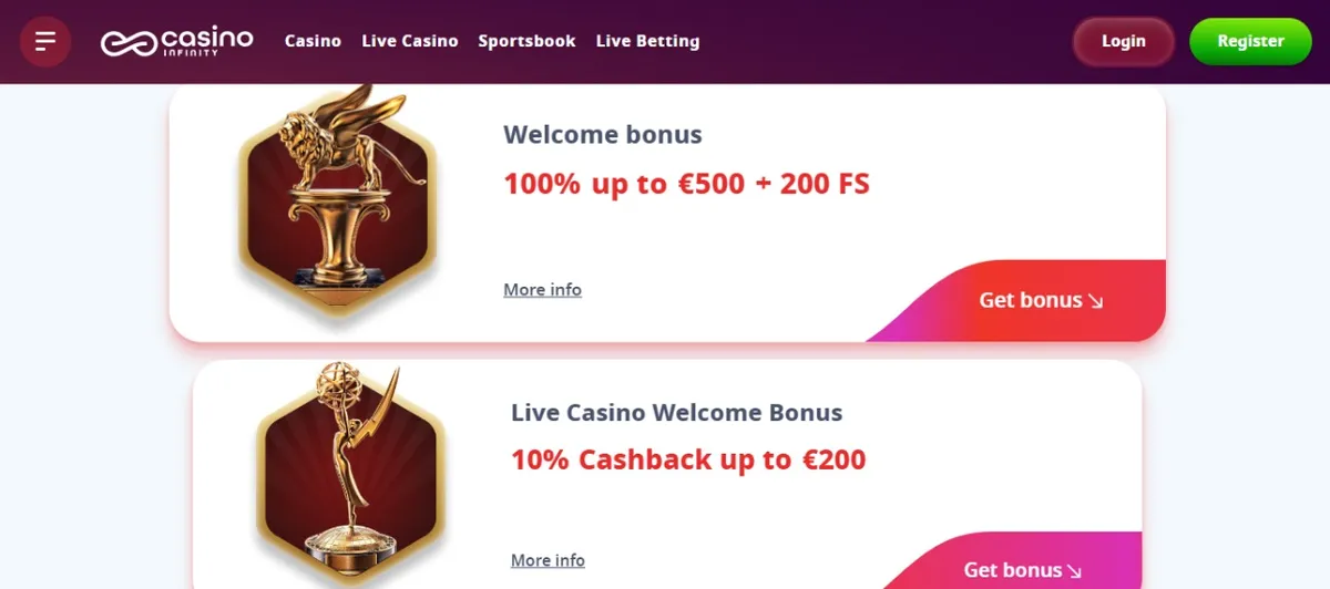 Bonuses you can get at Casino Infinity