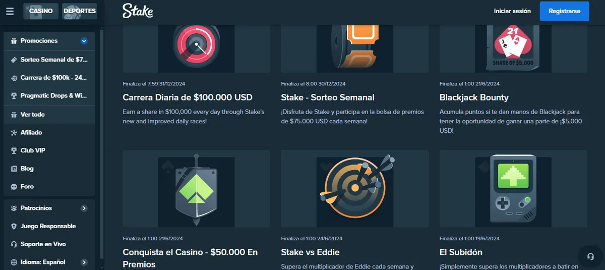 Este es el catálogo de promociones del casino Stake para América Latina