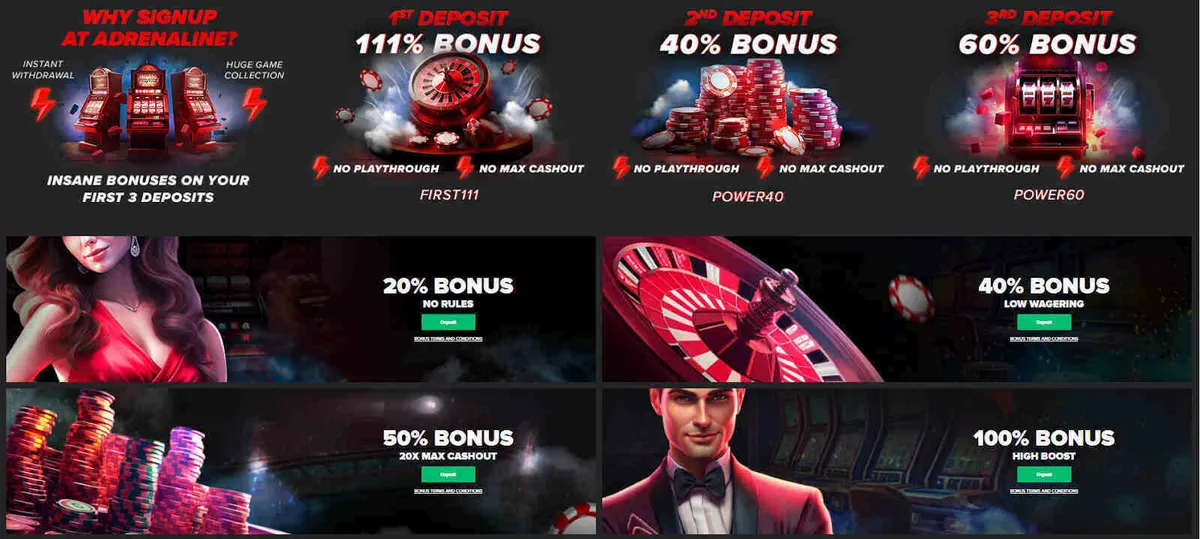 Bonuses and offers available at Casino Adrenaline