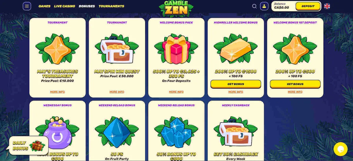 What bonuses can you find at Gamblezen Casino?