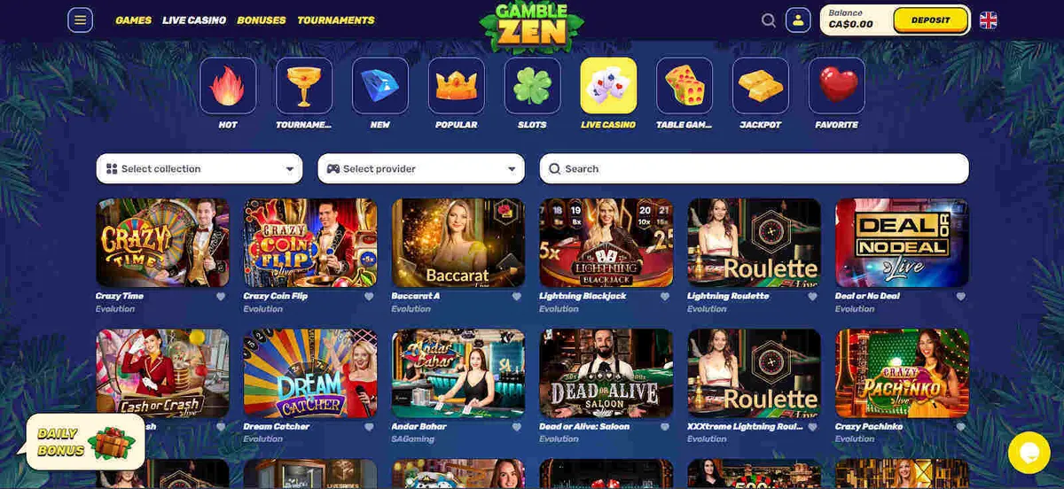 Live casino game selection at Gamblezen