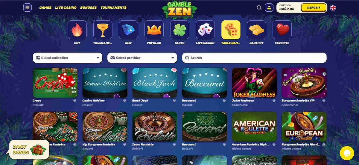 What table games does Gamblezen casino offer?