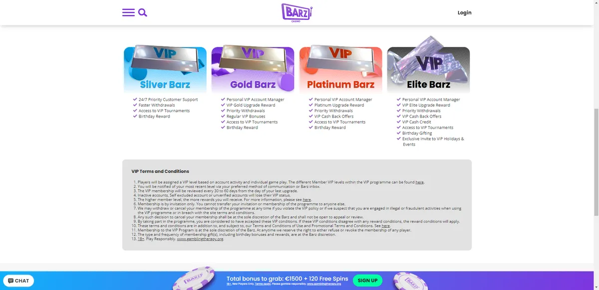 Barz casino vip page