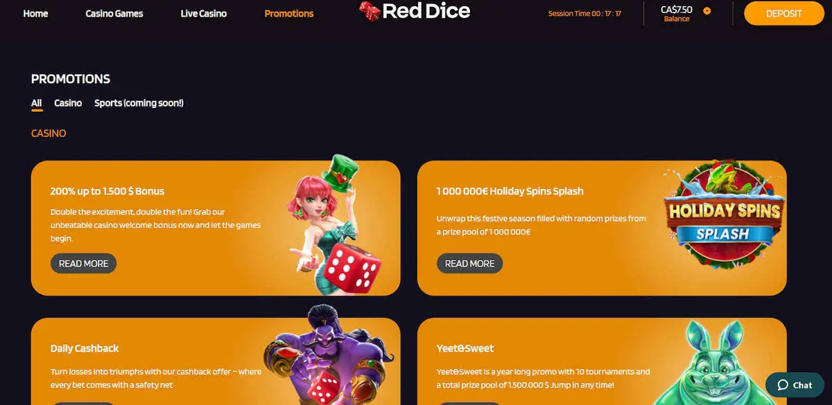 Bonuses players can claim at RedDice casino