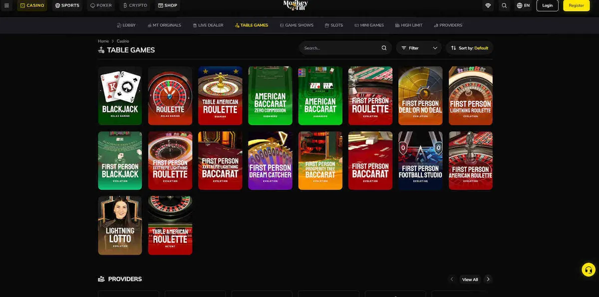 Table games available on Monkey Tilt Casino