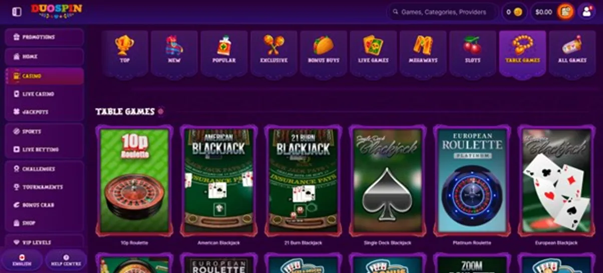 Duospin Casino table games