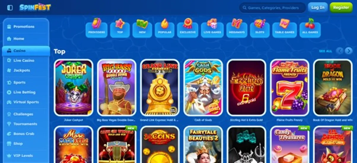Spinfest Casino game categories and highlights