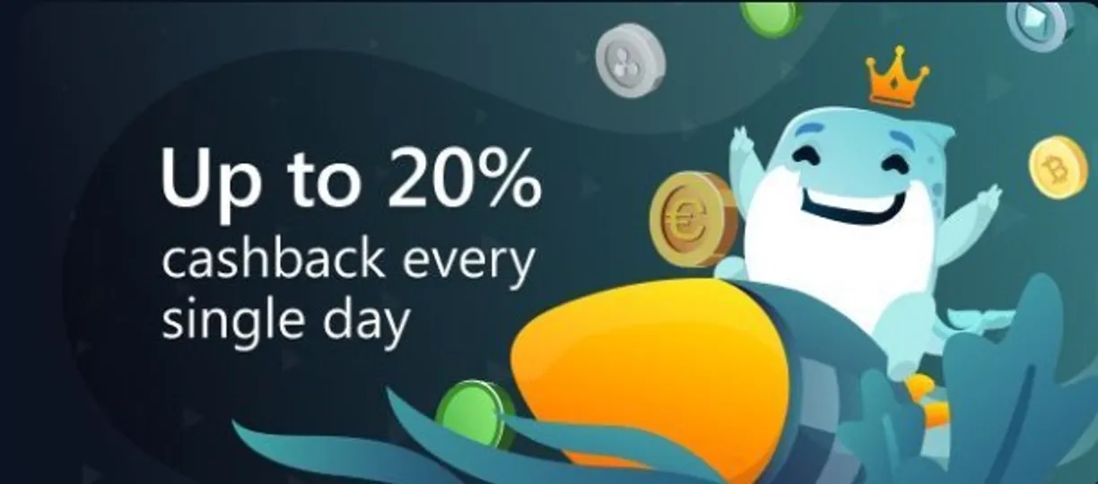 Bets.io Casino pelihahmo ja kolioita jonka lisäksi maininta 20% cashback bonuksesta päivittäin