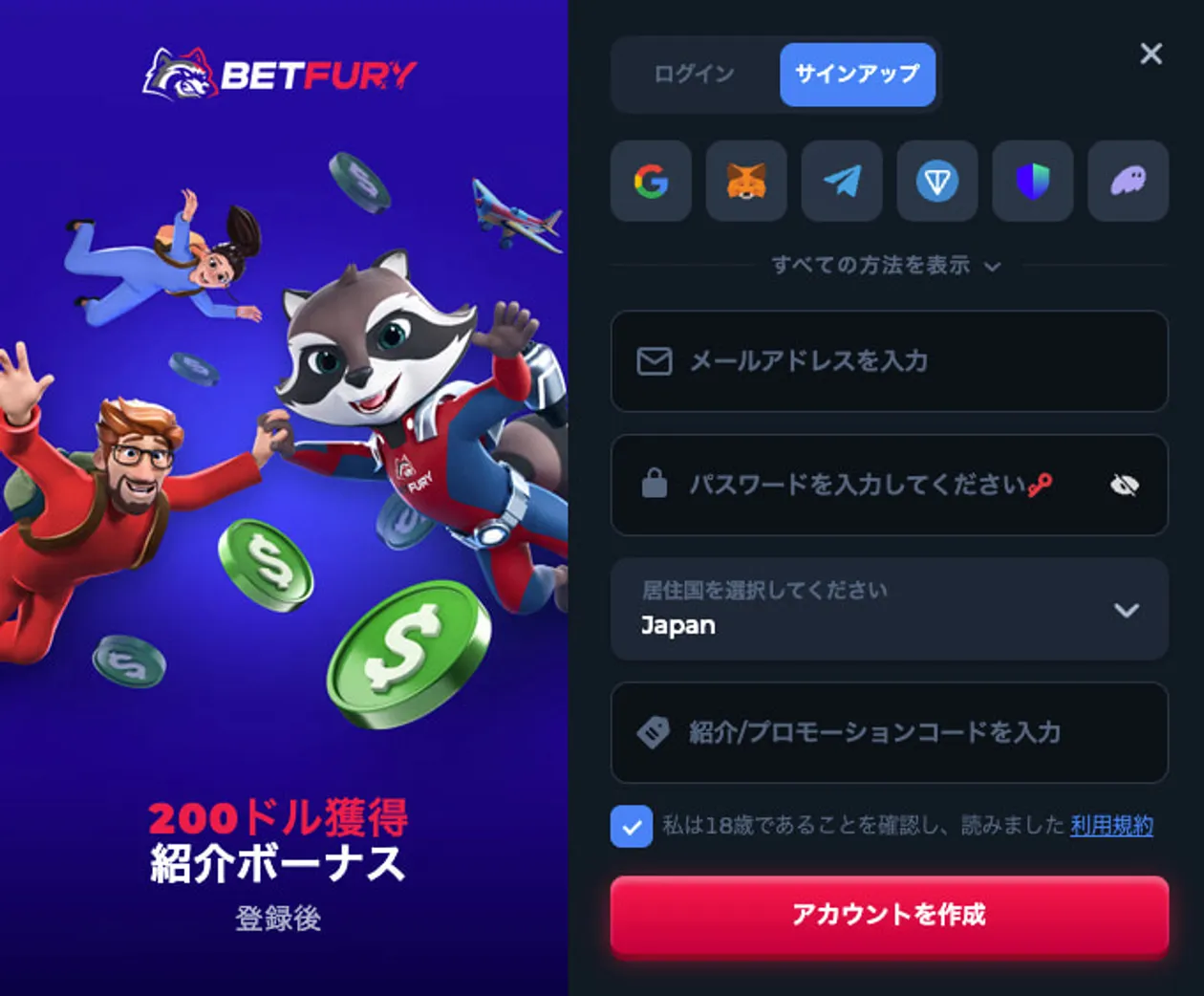 ベットフューリーカジノの登録手順