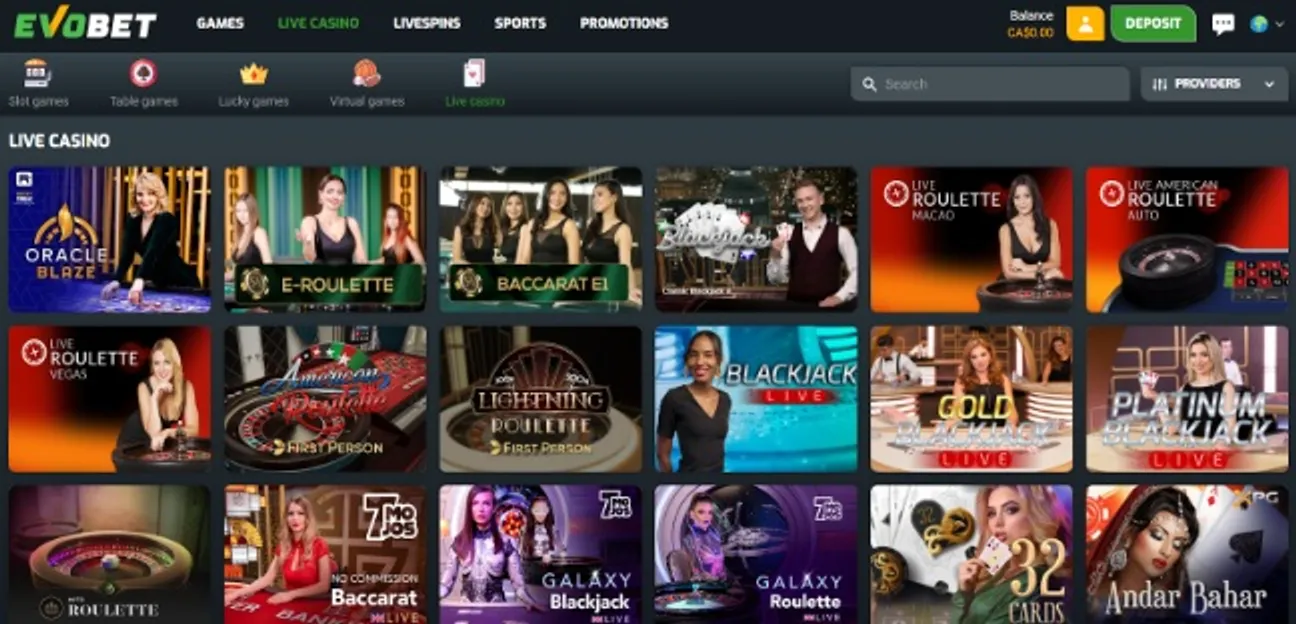 Hundreds of live casino games at Evobet Casino