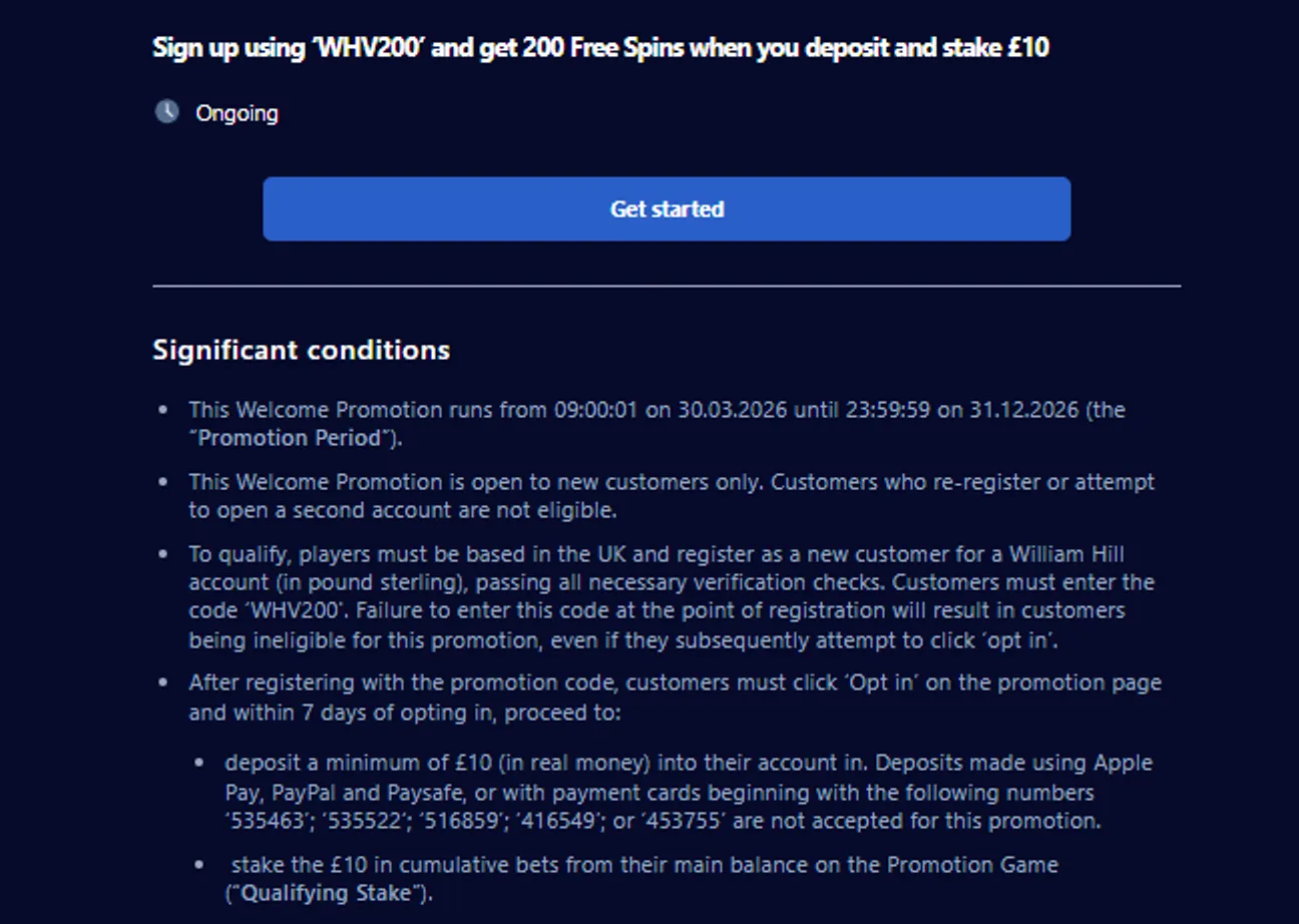 Image explaining the terms and conditions of the William Hill promo code offer
