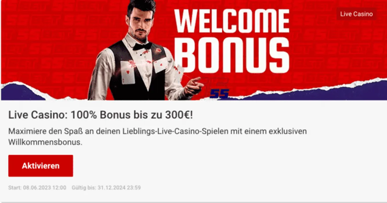 55Bet Live Casino Willkommensbonus