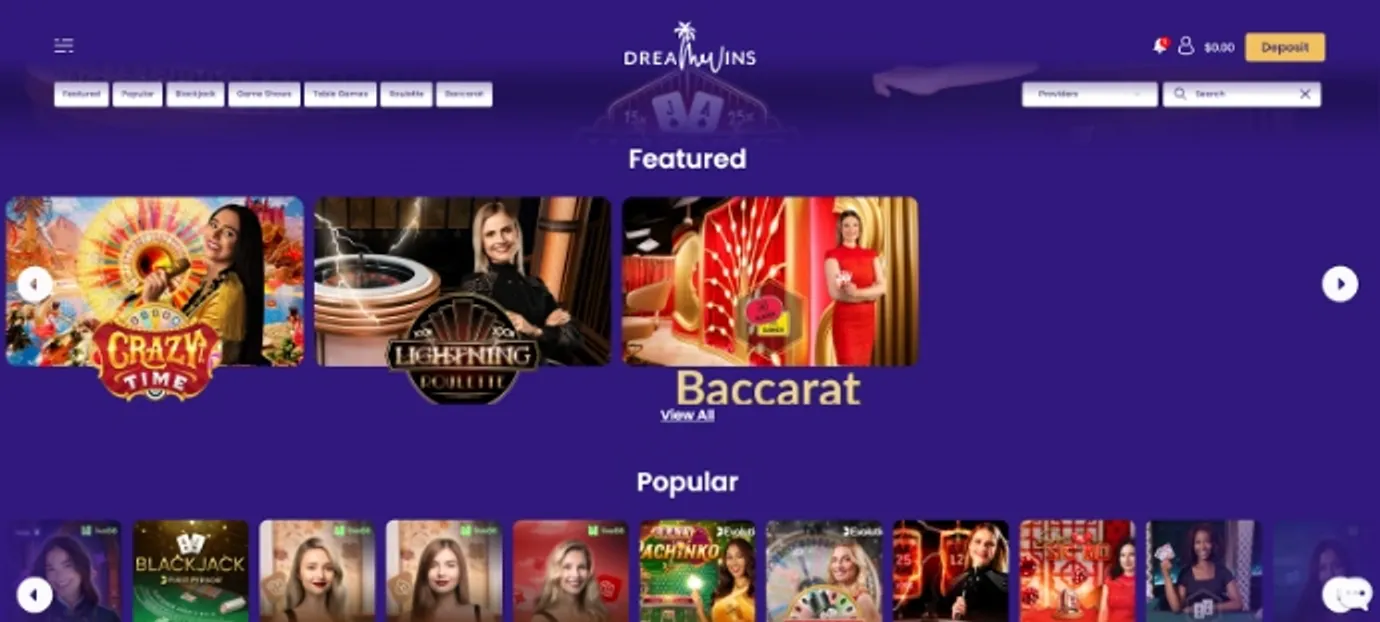 Browsing through DreamWins live casino lobby