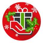 A cartoon hand holding a gift with a christmas motif