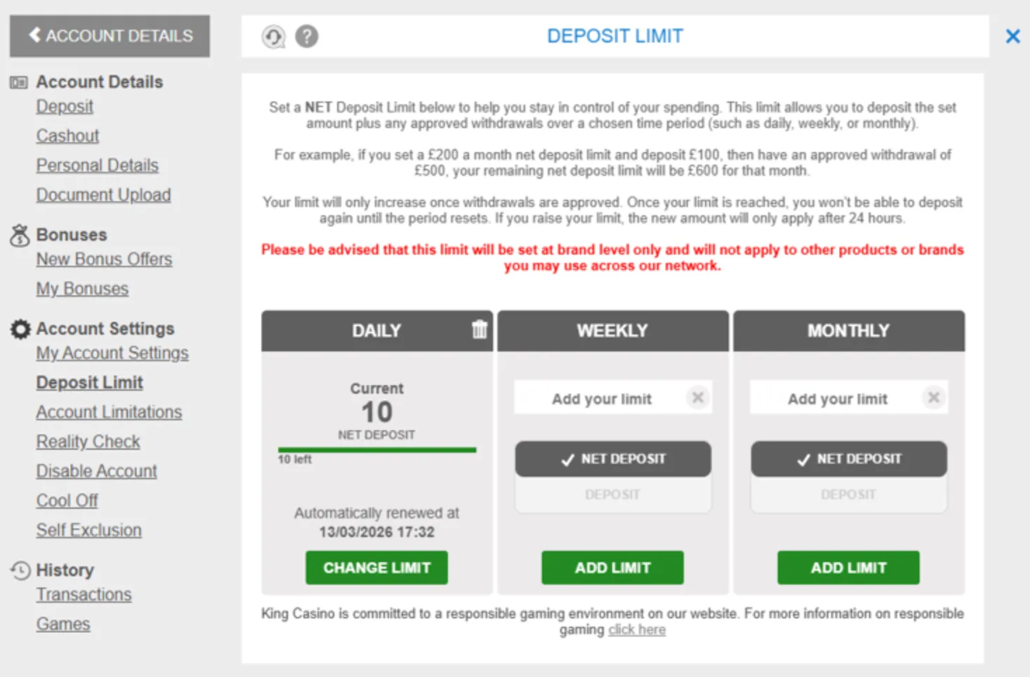 King Casino responsible gambling tools