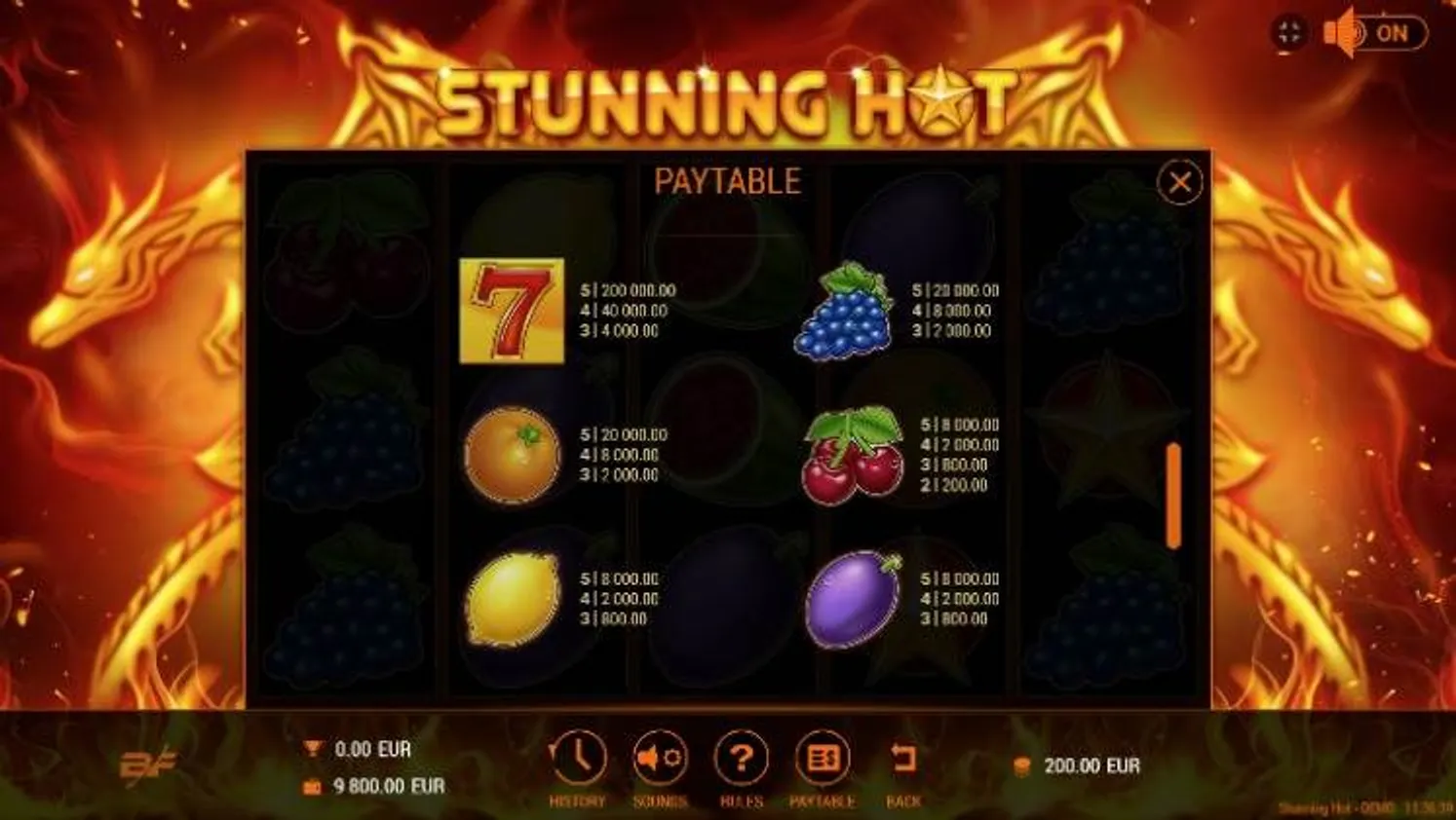 The paytable included in the Stunning Hot game