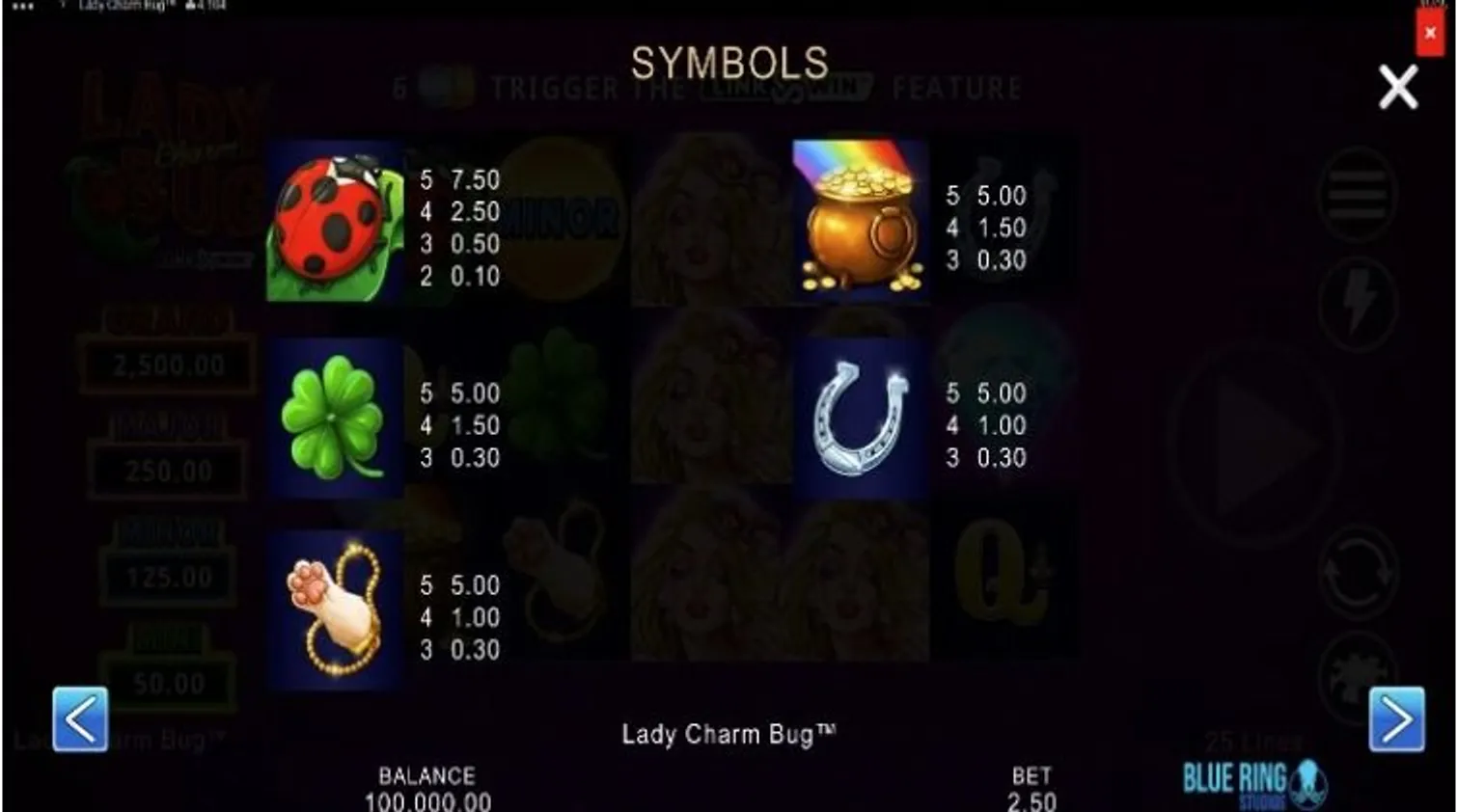 The paytable of the Lady Charm Bug slot machine