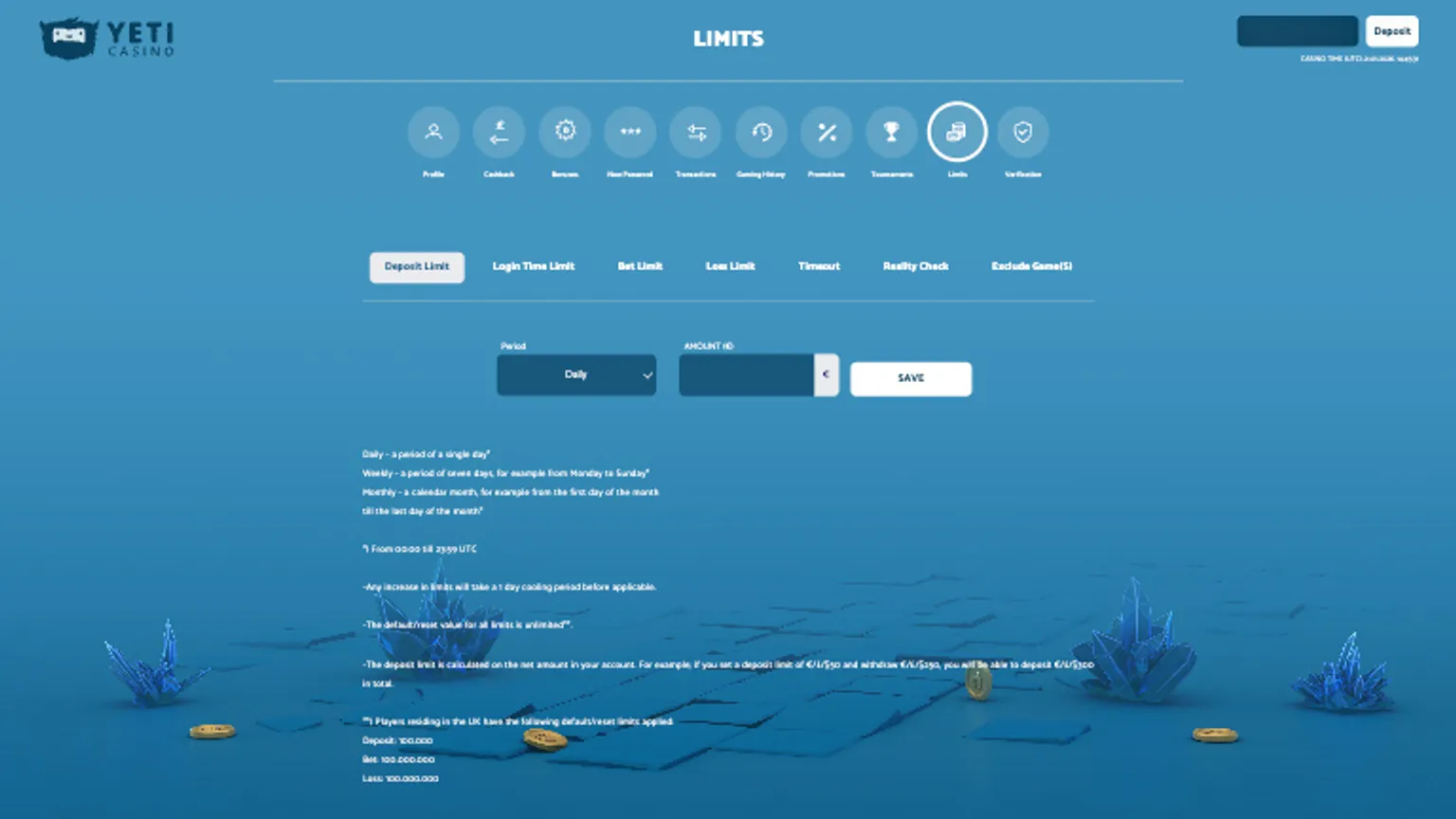 Responsible gambling tools at Yeti casino