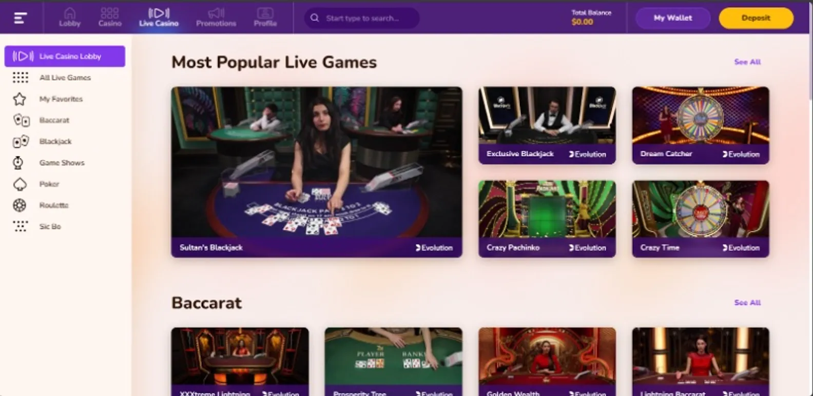 Live casino options at Wild Sultan Casino