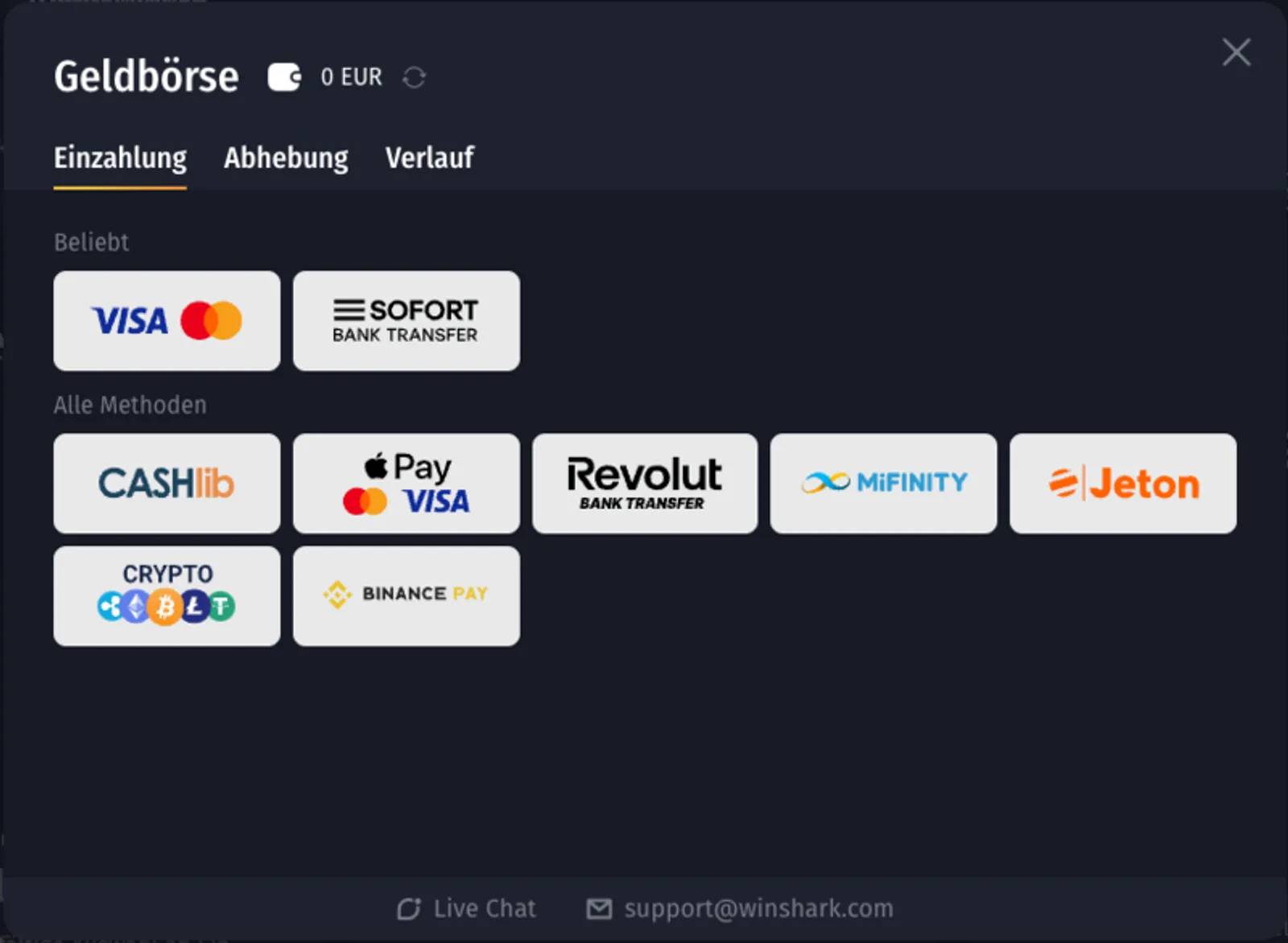 Winshark Casino Einzahlungsmethoden