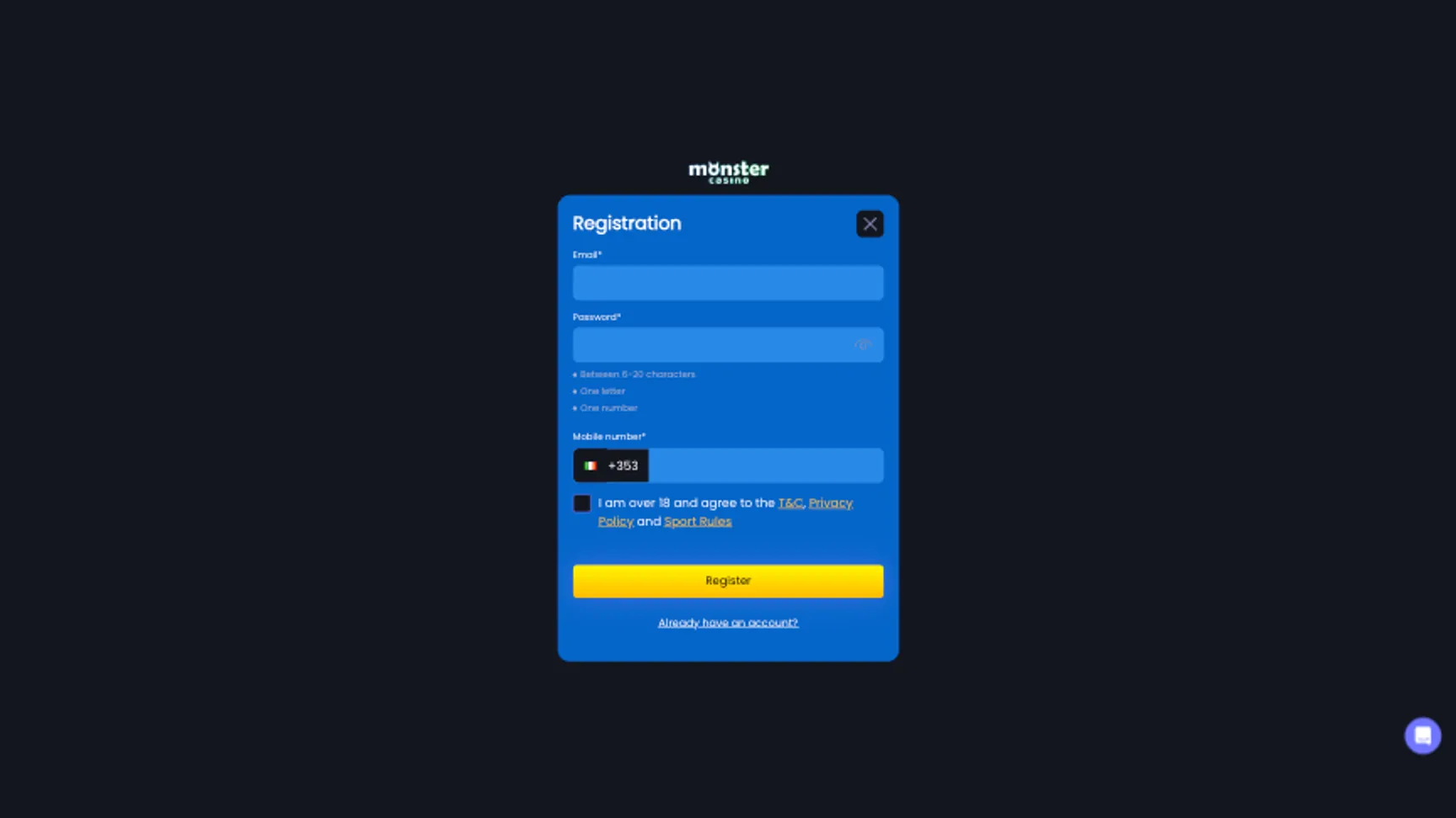 Monster Casino register