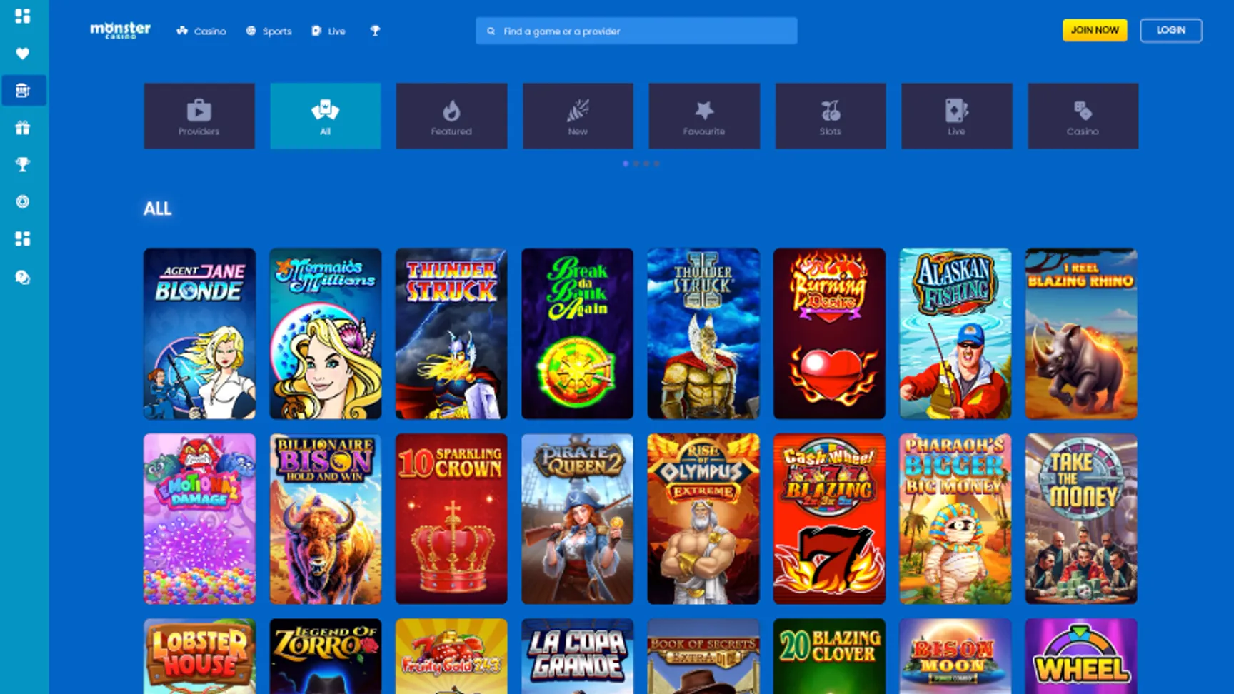 Game lobby at Monster Casino