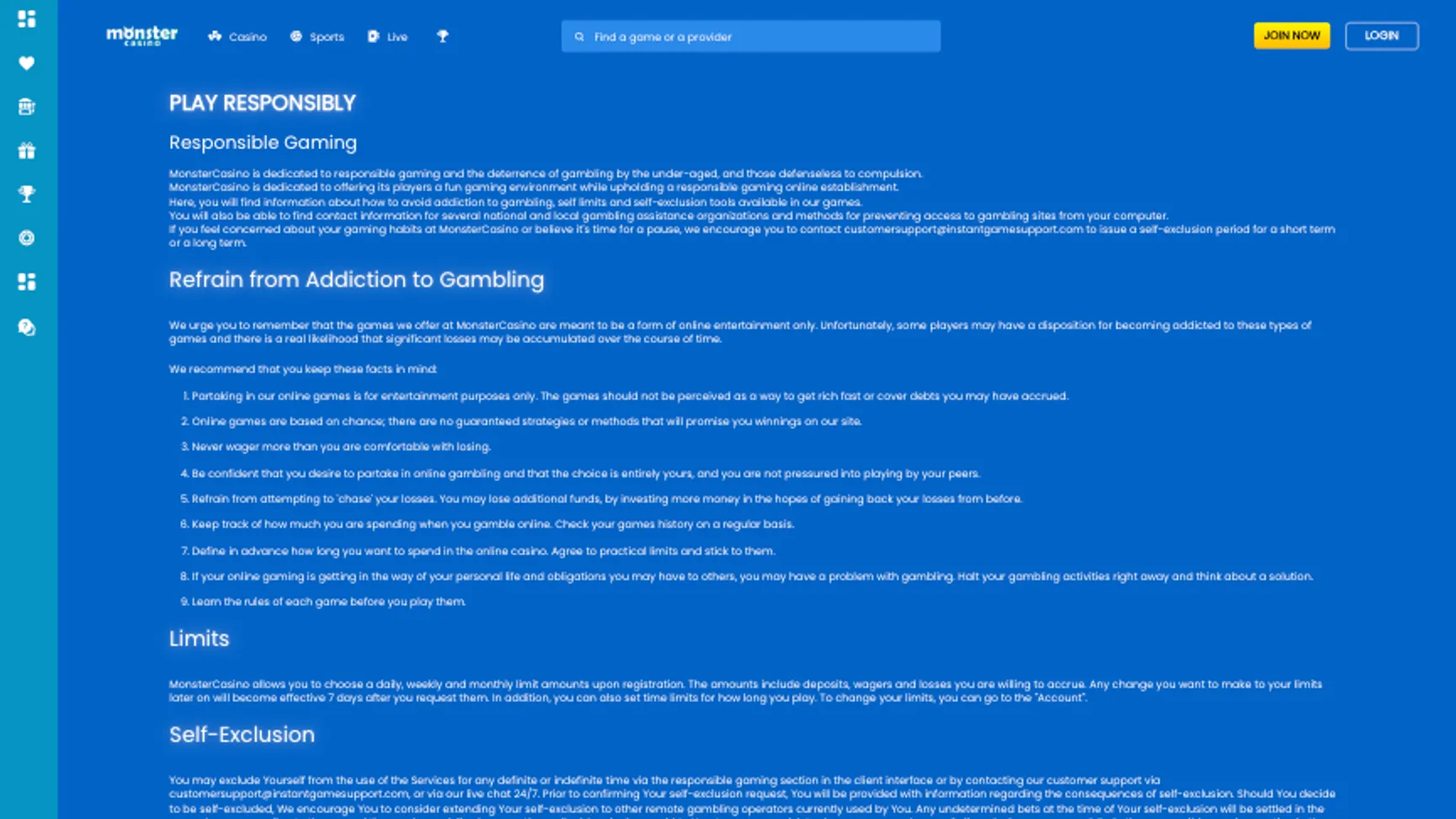 Responsible gambling at Monster Casino