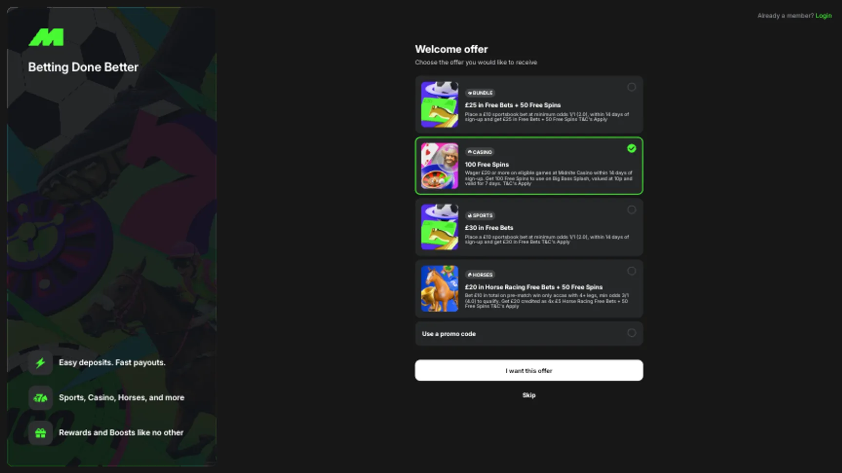 Choose the bonus at Midnite Casino