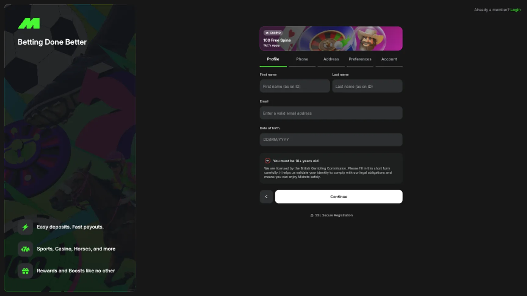Fill in personal information at Midnite Casino when you sign up