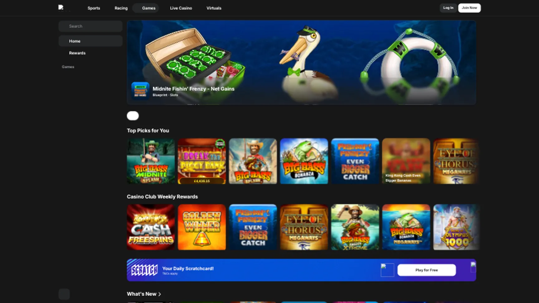 Game selection at Midnite