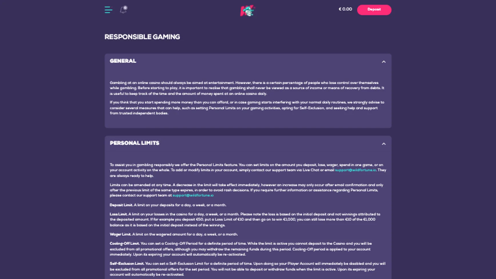 Responsible gambling tools at Wild Fortune casino