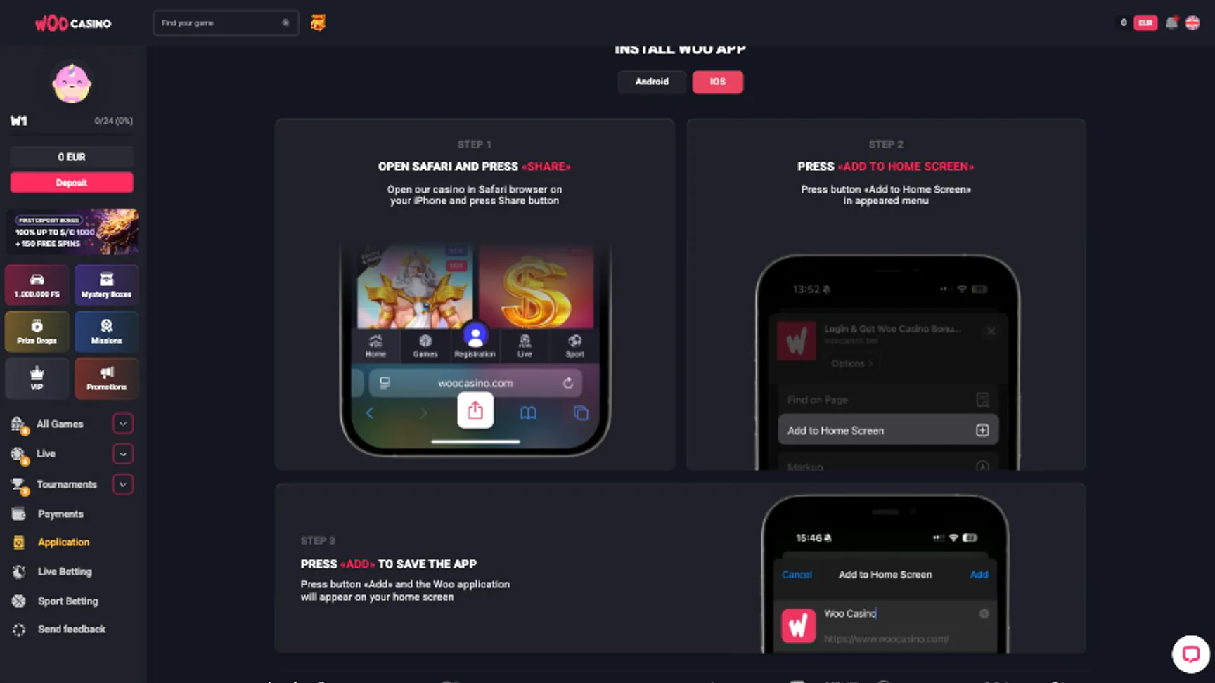 WooCasino on mobile