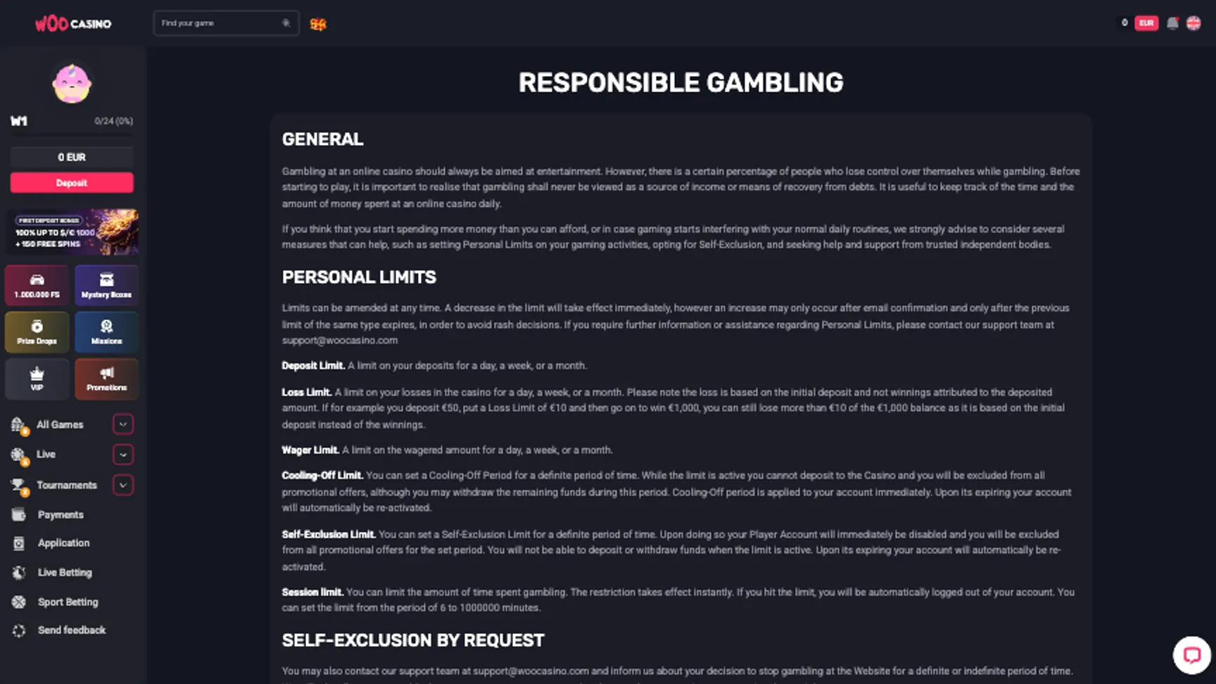 Responsible gambling tools at WooCasino