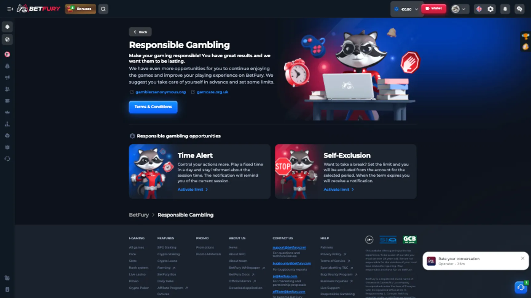 Responsible gambling tools at BetFury casino