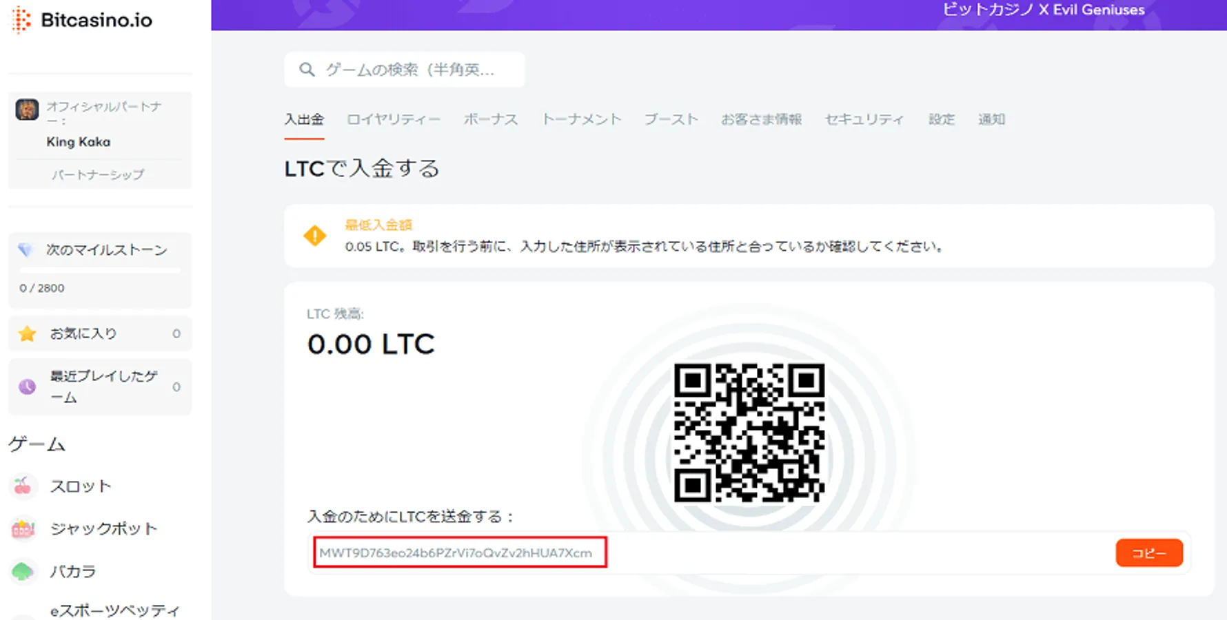 ビットカジノのライトコインの入金操作2